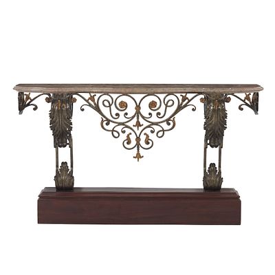 FRENCH WORK, c.1930 - Wrought iron console table. France, c.1930 wrought and cast iron structure 