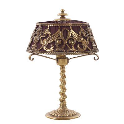 SPANISH WORK, c.1920 - Art Nouveau-style brass lamp. Spain, c.1920, relief brass, twisted stem 