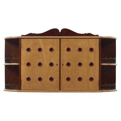 Wall cabinet. Portuguese, c. 1960, in beech and mahogany, central body with two doors decorated 