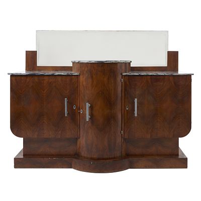 FRENCH WORK (c.1920-30) - Art Deco sideboard with mirror. France, c.1920-30, walnut veneer, with 