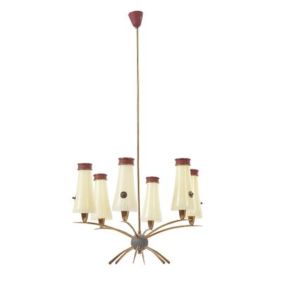 STILNOVO style (c.1950) - Six-light ceiling lamp. Italy, c.1950, in gilt brass and red lacquer 