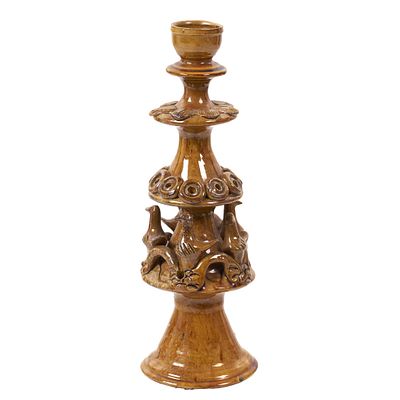 ROSA RAMALHO (1888-1984) - 'Dovecote' candlestick. Glazed popular clay sculpture, signed RR. 