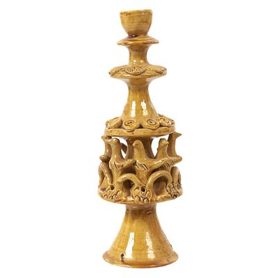 ROSA RAMALHO (1888-1984) - 'Dovecote' candlestick. Glazed popular clay sculpture, signed RR. 