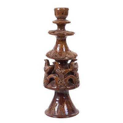 ROSA RAMALHO (1888-1984) - 'Dovecote' candlestick. Glazed popular clay sculpture, signed RR. 