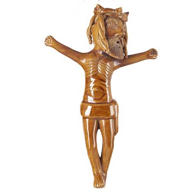 J&Uacute;LIA RAMALHO (b. 1946) - Christ. Glazed folk clay sculpture, signed JR. Signs of wear and 