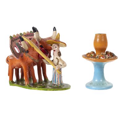 Ox cart and candlestick from Barcelos. Portugal, 20th century, polychrome Barcelos earthenware: 