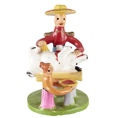 ANA BARACA (1904-2001) - Pig slaughtering. Popular polychrome clay sculpture from Barcelos 