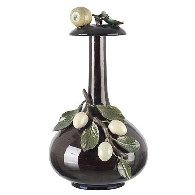 'Fruits' bottle in faience by Bordalo Pinheiro. Bottle with lid in Portuguese faience, c.1908 