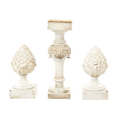 Pair of faience pinecones and baluster. Portugal, 19th century, attributable to Devezas, Gaia 