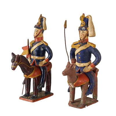 Pair of clay Horsemen from Estremoz. Painted folk clay sculpture from Estremoz, depicting a 