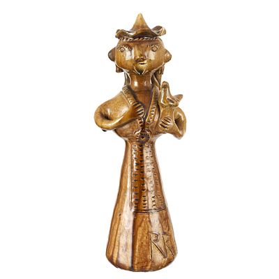 ROSA RAMALHO (1888-1984) - Lady holding bird. Glazed popular clay sculpture, signed RR. Signs of 