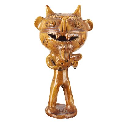 ROSA RAMALHO (1888–1984) – Devil Playing the Guitar. Glazed popular clay sculpture, signed RR. 
