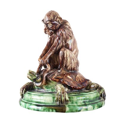 Cigar holder 'monkey and turtle' by Manuel Mafra. Caldas earthenware, c.1900, with polychrome 
