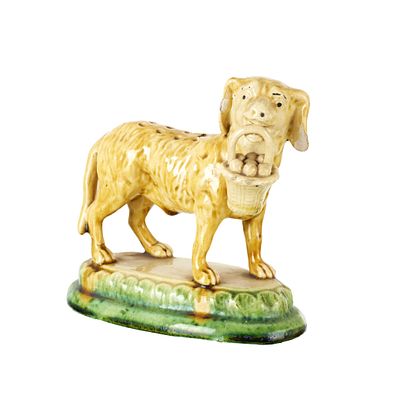 'Dog holding basket' toothpick holder in Caldas earthenware. Caldas earthenware, produced by 