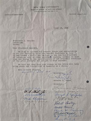 Letter from NYU’s first director of Institute of Hebrew Studies to Israel’s President Ben-Zvi. . 