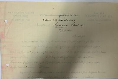 A letter from Rabbi Yisroel Binyomin Bendit Fivelzahn of Shokyan. (Saukenai, Lithuania) – 1928. R 