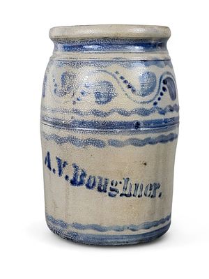 DECORATED STONEWARE JAR BY A.V. BOUGHNER. Alexander Vance Boughner, Greensboro, Pennsylvania, c. 