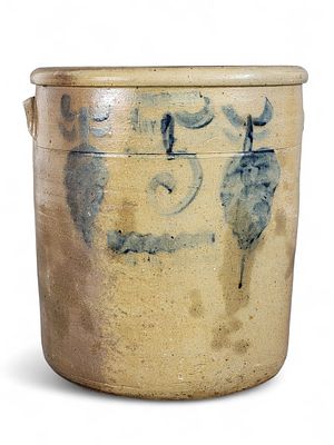 DECORATED OHIO STONEWARE CROCK. Muskingum County, c. 1870. Five-gallon, with freehand cobalt "5" 
