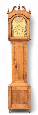 OHIO TALL CASE CLOCK. 1810-1830, curly maple and poplar. Broken-arch pediment and columns on the 