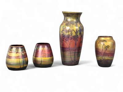 FOUR WELLER LASA VASES. Zanesville, Ohio, early 20th century. Includes an 8.5" high scenic vase 