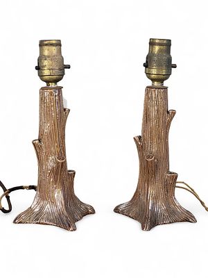 PAIR OF SEWER TILE TREE TRUNK LAMPS. Ohio, early 20th century. A pair of electric lamps shaped 