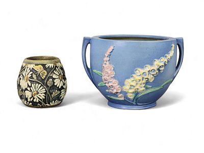 TWO PIECES OF OHIO ART POTTERY. Early 20th century. Includes a small Roseville jardiniere in the 