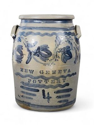WESTERN PENNSYLVANIA DECORATED STONEWARE JAR. New Geneva Pottery, c. 1875. Four-gallon, with 