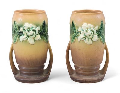 PAIR OF ROSEVILLE "GARDENIA" VASES. Ohio, 1950, stoneware. Pair of Roseville vases in the 