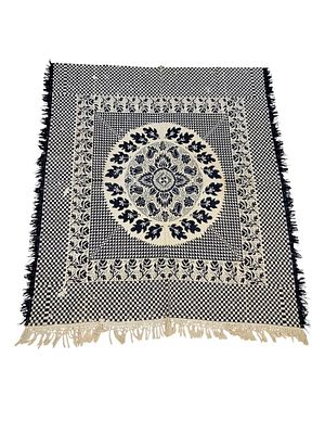 JACQUARD COVERLET. American, mid-19th century, wool and linen. A blue and white checkerboard 