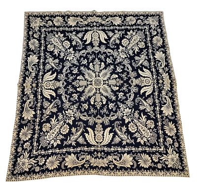 JACQUARD COVERLET. American, mid-19th century. A jacquard coverlet in indigo and white. 