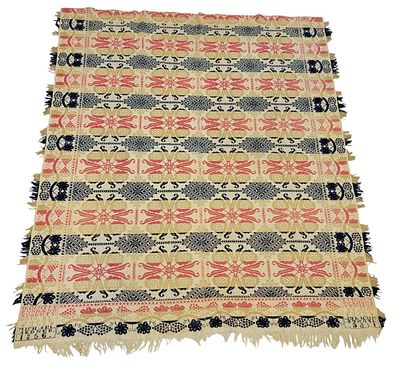 OHIO JACQUARD COVERLET, ARDNER BROTHERS 1856. Knox Co., Ohio, 1856. A jacquard coverlet in red 