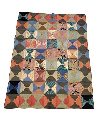 1872 INDIANA LOG CABIN QUILT, SIGNED. American, 1872, cotton and velvet. A log cabin quilt 