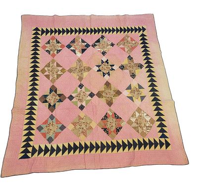 OHIO STAR QUILT WITH FLYING GEESE BORDER. American, 19th century, cotton. A patchwork Ohio star 