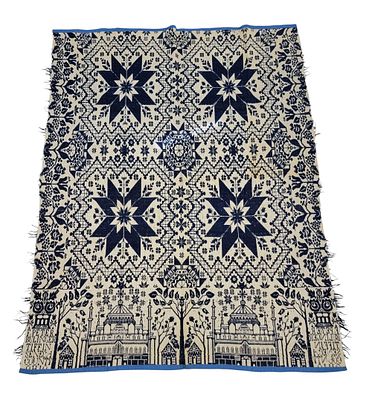 OHIO JACQUARD COVERLET, SIGNED W/ UNUSUAL BORDER. Seneca Co., Ohio, mid-19th century. A jacquard 