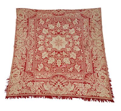 FANCY JACQUARD COVERLET W/ BIRDS AND FLOWERS. American, mid-19th century. A jacquard coverlet in 