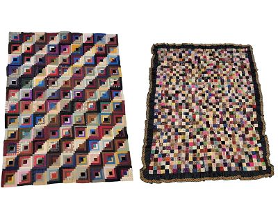 TWO QUILT TOPS. American, late 19th or early 20th century, silk and velvet. A small log cabin 