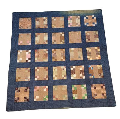 MODIFIED NINE-PATCH QUILT. American, 19th century, cotton. A latticed nine-patch variation with 