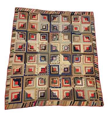 LOG CABIN SUMMER QUILT. American, mid-19th century, mixed fabrics. A log cabin summer quilt made 