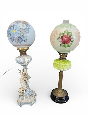 TWO BANQUET LAMPS. American/European, 19th century, porcelain, glass, brass. Two banquet lamps. 