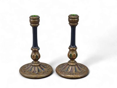PAIR OF PAINTED CANDLESTICKS. Early 20th century. Turned and carved sticks with original 