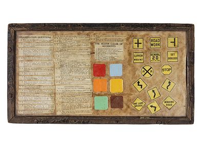 EARLY DRIVER TRAINING SIGN. American, 1930-1960. Clipped exam questions along with sign colors 