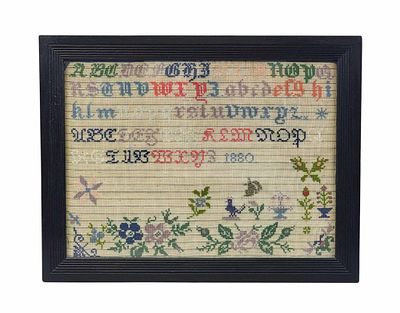 ZOAR, OHIO NEEDLEWORK SAMPLER. Dated 1880, wool on linen. Brightly colored sampler with 