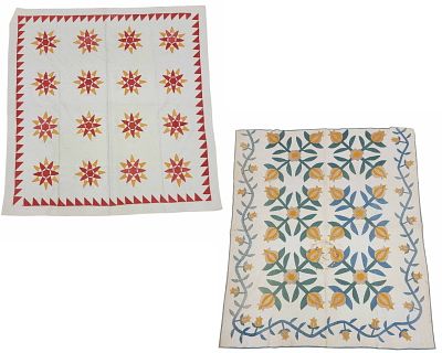 TWO APPLIQUE QUILTS. American, 19th century, cotton. Includes a red, white, and cheddar, with 