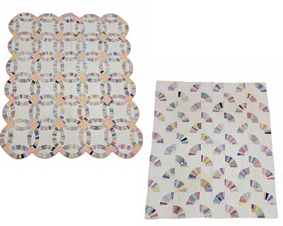 TWO FEEDSACK QUILTS. American, 1930s-1940s, cotton. Includes a wedding ring quilt signed "LD 33 