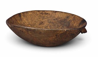 LARGE BURL BOWL. American, early-mid-19th century, ash. Slightly oblong bowl with carved and 