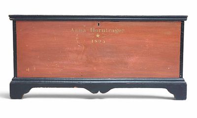 INDIANA MENNONITE BLANKET CHEST. Samuel Miller, LaGrange County, dated 1895, poplar. Dovetailed 