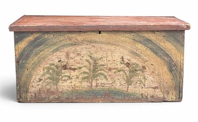 LANDSCAPE-DECORATED BLANKET CHEST. Probably New England, early 19th century, poplar. Dovetailed 