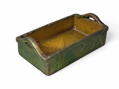 REDWARE LOAF PAN. Possibly Zoar, Ohio, 1st half-19th century. Rectangular pan with loop handles 
