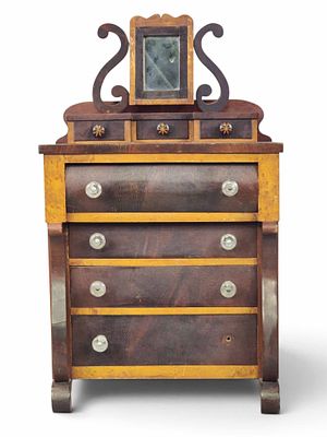 MINIATURE CLASSICAL CHEST OF DRAWERS. Probably Ohio, dated 1854, mahogany, birdseye maple 