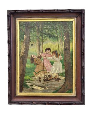 THREE GIRLS SWINGING. American, late 19th century, oil on canvas. Charming view of three 